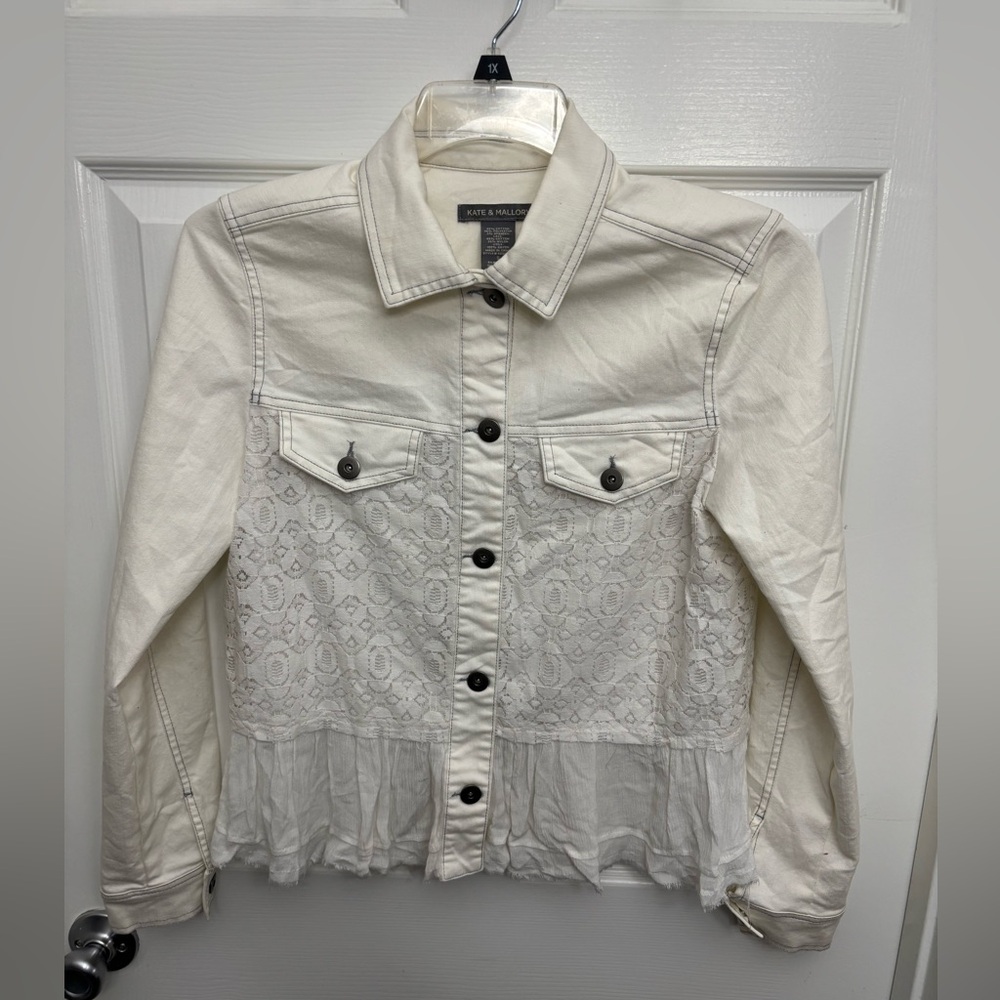 Women's Off-White Lace Nashville Bride Princess Cowgirl Jean Jacket, Size S